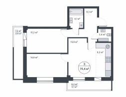 3-комнатная, 75.5 м²