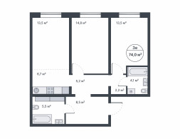 3-комнатная, 74 м²