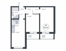3-комнатная, 62.6 м²