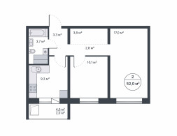 2-комнатная, 52 м²