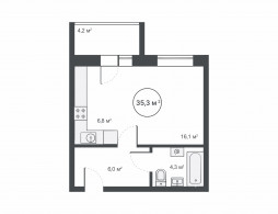 1-комнатная, 35.3 м²