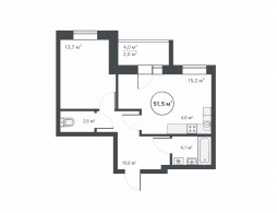 Евро 2-комнатная, 51.4 м²