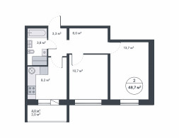 2-комнатная, 48.5 м²