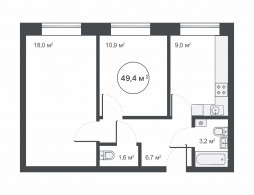 2-комнатная, 49.4 м²