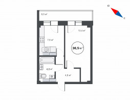 1-комнатная, 36.5 м²
