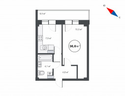 1-комнатная, 36.6 м²