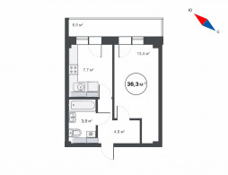 1-комнатная, 36.3 м²