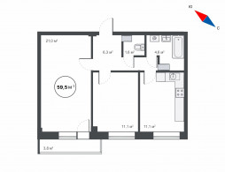 2-комнатная, 59.5 м²