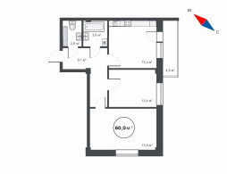 2-комнатная, 60 м²