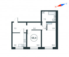 2-комнатная, 58.4 м²