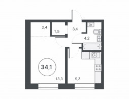 1-комнатная, 34.2 м²