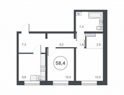2-комнатная, 58.4 м²