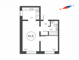 2-комнатная, 41.5 м²