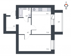 2-комнатная, 54.4 м²