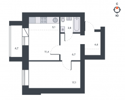 2-комнатная, 53.4 м²