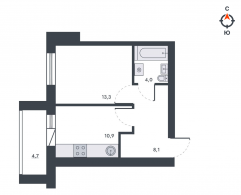 1-комнатная, 41 м²