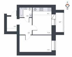 2-комнатная, 53.4 м²