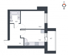 1-комнатная, 41 м²