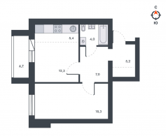 2-комнатная, 56.9 м²