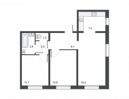 3-комнатная, 64.2 м²