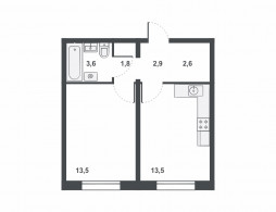 1-комнатная, 37.9 м²