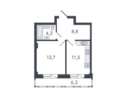 1-комнатная, 44.5 м²