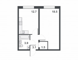 1-комнатная, 39.7 м²