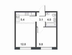 2-комнатная, 34.3 м²