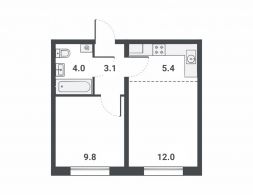 2-комнатная, 34.3 м²