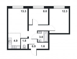 3-комнатная, 51.8 м²
