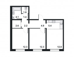 3-комнатная, 58.8 м²