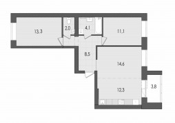 3-комнатная, 69.7 м²