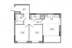 3-комнатная, 65.4 м²
