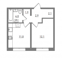 1-комнатная, 34 м²