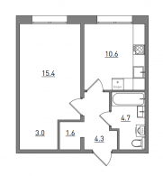 1-комнатная, 39.6 м²