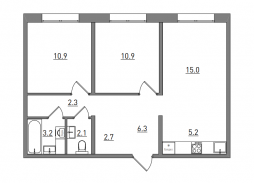 3-комнатная, 59.6 м²