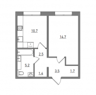 1-комнатная, 39.7 м²