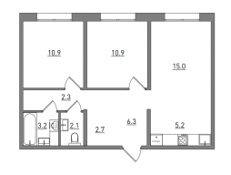 3-комнатная, 59.6 м²