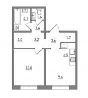 2-комнатная, 41.5 м²