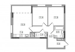 3-комнатная, 65.3 м²