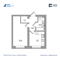 1-комнатная, 33.9 м²