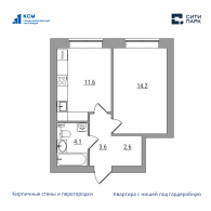 1-комнатная, 36.1 м²