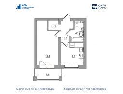 1-комнатная, 38.3 м²