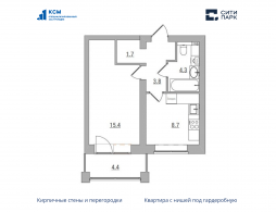 1-комнатная, 38.3 м²