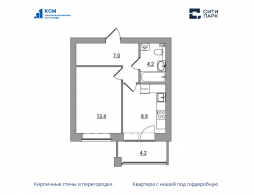 1-комнатная, 37.7 м²