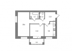 2-комнатная, 61.5 м²
