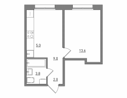 2-комнатная, 33.4 м²