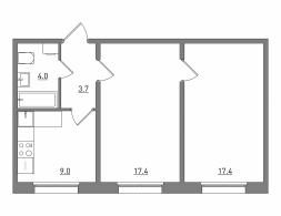 2-комнатная, 51.5 м²