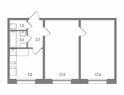 2-комнатная, 51.4 м²